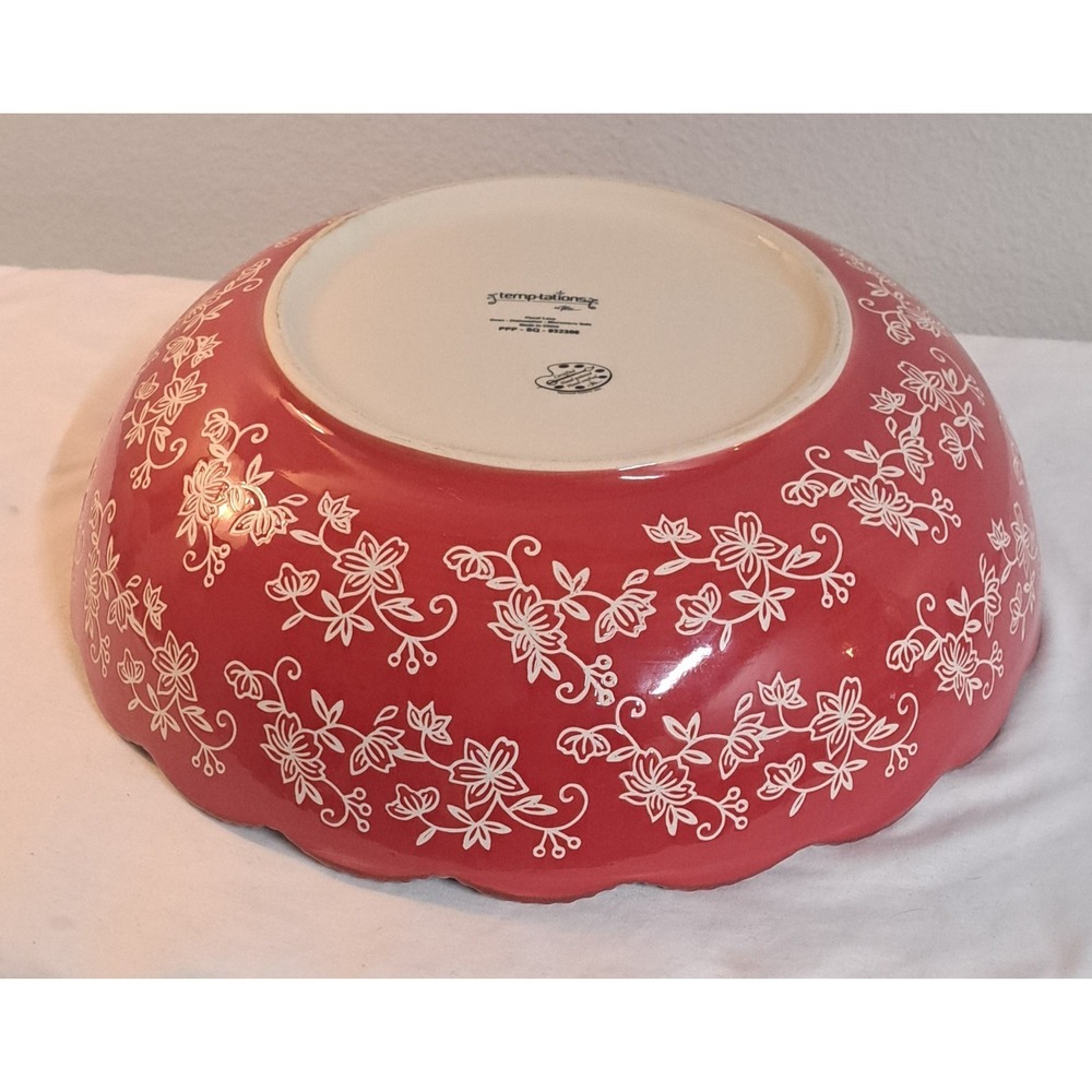 Temp-tations by Tara Floral Lace Cranberry Red 13" Serving Bowl 4 Qt Scalloped - Picture 9 of 9